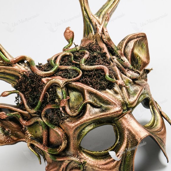 Steampunk Medusa Gold Antlers Halloween Half Face Masquerade Mask - Picture 3 of 3